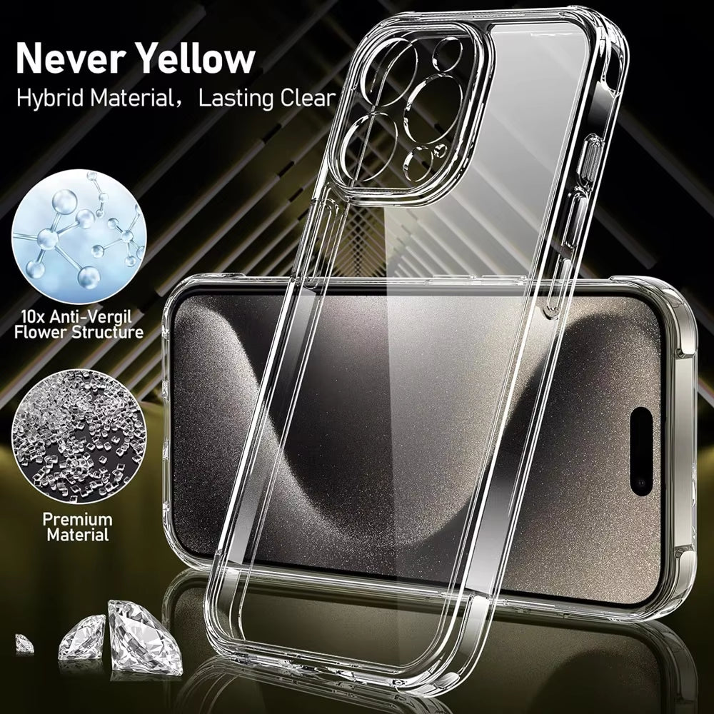 For Iphone 16 15 Pro Max Phone Case & Screen Glass for Iphone 16 15 14 13 Mini 12 11 Pro Transparent Case Iphone16 plus Cover